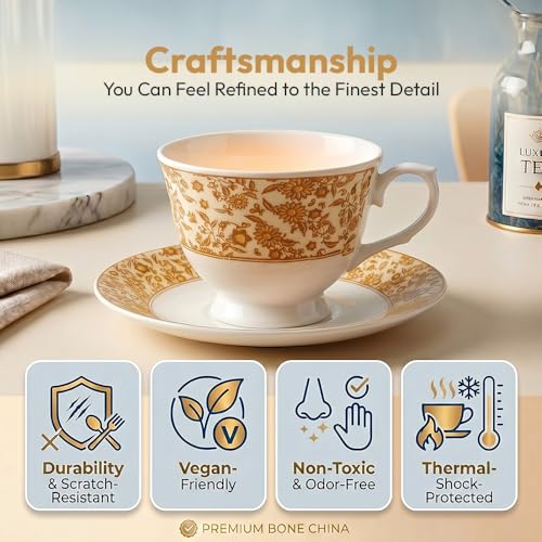 Image of UPC Premium Bone China Cup & Saucer Set (6 Pieces) | Elegant Solid Color Tea Coffee Cups | Lightweight, Durable & Glossy Finish | Ideal for Home, Office & Gifting