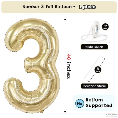 Image of KatchOn, Champagne Gold Number 3 Balloon For Birthday Decorations - 40 Inch
