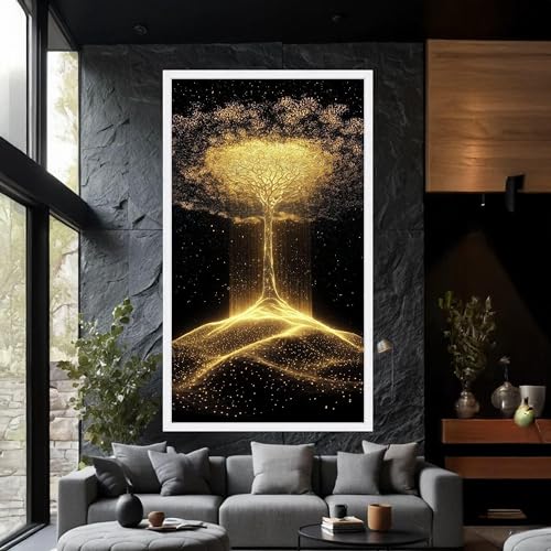Tableau sur toile arbre doré illuminé pour mur vide de salon