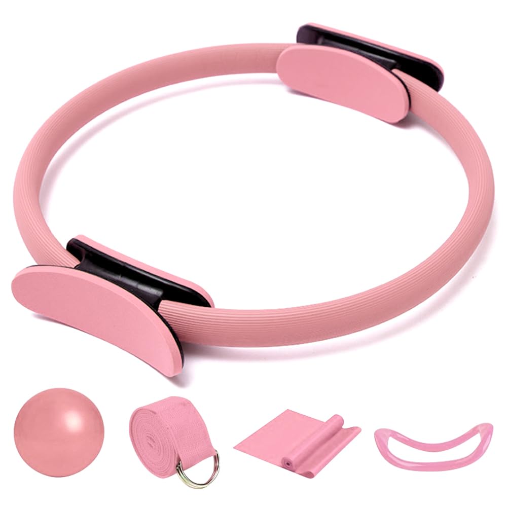 Set di Anelli per Pilates, 5PCS Kit di Anelli per Pilates, Pilates Essentials Kit, Inclusi L'anello Di Pilates, Cerchia di Pilates, Palla Yoga, Cinghia Yoga E Fascia Fitness, per Esercizi, Rosa