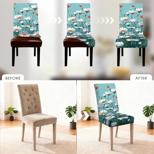 Image of Nuxovilar Blue Daisy Orange Butterfly Stretch 23.6x70in 4PCS Covers | Stretch Slipcover Floral Protector Flower Wrap Seat Guard Dining Room Kitchen Garden Theme Party (Daisy Butterfly)