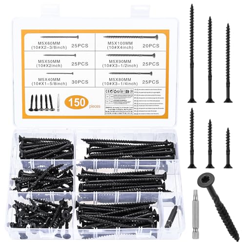 Set de 150 tornillos para madera, tornillos de terraza, tornillos de aglomerado con Torx, cabezas avellanadas, autorroscantes para techos y estructuras, M5 (Negro)
