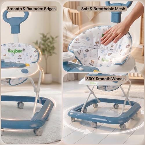 Image of Baybee Baby Walkers for 6-18 Month Baby Boy and Girl with Parental Handle | Interactive Musical Activity, Removable Play Panel & Feeding Tray, Breathable Soft Mesh Seat, Foldable Portable Design | Push Walker for kids (Blue)