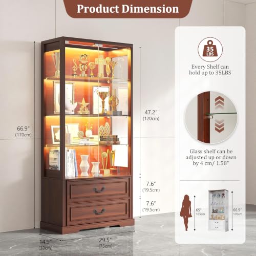 Image of TAGELIER Glass Display Cabinet with Doors and 2 Storage Drawers, Walnut