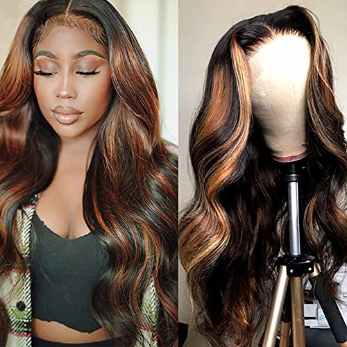 Haha FB30 Body Wave Highlight Lace Front Wig Human Hair Ombre Highlight Balayage Colored Wigs 13x4x1 T Part Lace Front Wigs Pre Plucked For Women Black Honey Blonde 150% Density 16 Inch