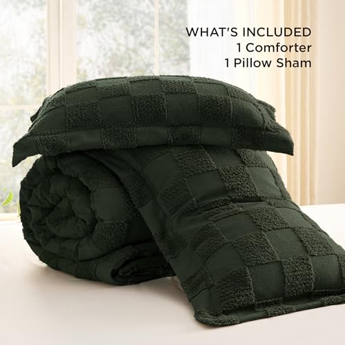 Image of Bedsure Twin /Twin XL Size Comforter Set Dark Olive Green, Boho Tufted Bed Set, Checkered Farmhouse-Style Distressed Vintage Bedding, 2 Pieces, 1 Plaid Geometric Comforter and 1 Pillow Sham