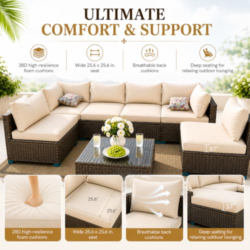 Image of 7 Piece Outdoor Sectional Outdoor Patio Furniture Set, Outdoor Patio Furniture Set with Coffee Table, Sectional Couch Sofa with Cushions, Wicker Outdoor Conversation Set for Backyard & Garden, Brown