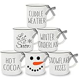 Whaline 6Pcs Winter Mini Coffee Mug with Ribbon Tiered Tray Decor White Snowman Drinking Mug for Winter Christmas Table Centerpieces Decorations Housewarming Gift