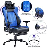 VON RACER Big & Tall 350lbs Massage Gaming Chair with Retractable Footrest - Adjustable Back Angle and Arms Ergonomic High-Back Leather Racing Executive Computer Desk Office Chair Metal Base, Blue