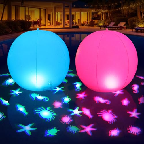Cootway Floating Pool Lights w/Sea-Llife Patterns 15 Upper & Lower Dynamic Color Changing Solar Pool Lights that Float Inflatable Waterproof Light Up Pools Balls for Backyard Pond Party Decor(2)