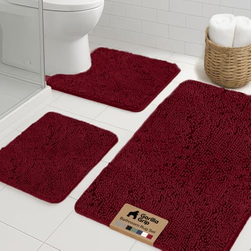Image of GORILLA GRIP Bathroom Rug Sets 3 Piece, Bath Mat Set and Oval Toilet Base with Rubber Backing, Plush Absorbent Shaggy Chenille Washable Mats, Includes 24x19.5, 24x17 and 36x24 Inch Rugs, Burgundy