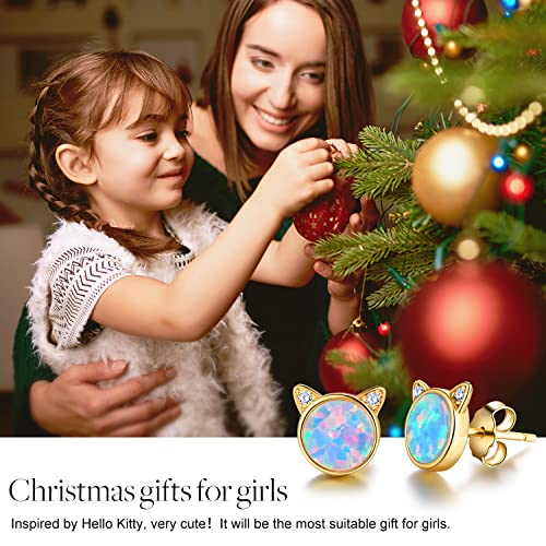 ✦Christmas Gifts for Women✦ Esberry 14k Gold Earrings Sterling Silver Opal Cat Stud Earrings Cat with Natural Stone Earrings for Women2