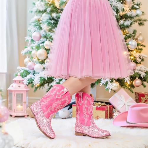 Girls Cowgirl Boots Unisex-Child Mid Calf Glitter Toddler Cowboy Boot Little Big Kids Western Riding Shoes2