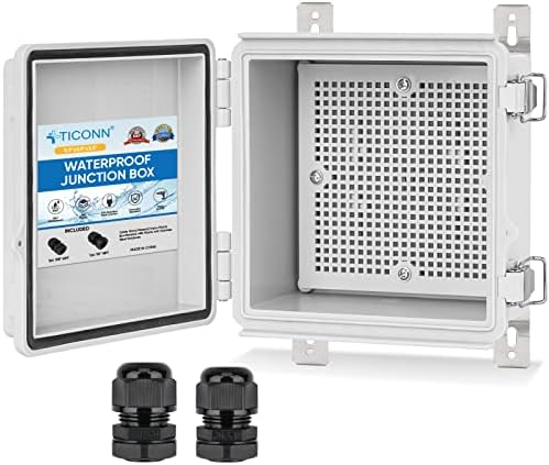 TICONN Waterproof Electrical Junction Box IP67 ABS Plastic Enclosure with Hinged Cover with Mounting Plate, Wall Brackets, Cable Glands (Off-White, 5.9"x5.9"x3.5")