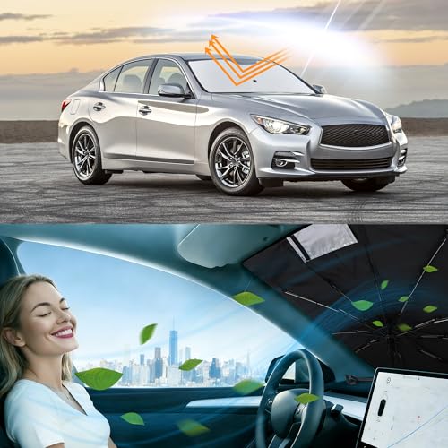 Image of Windshield Sun Shade Umbrella for 2014-2024 Q50 for Infiniti | Full covered for windshield, Block UV Rays, Heat Reduction, Easy to install, Durable & Fold Up Small