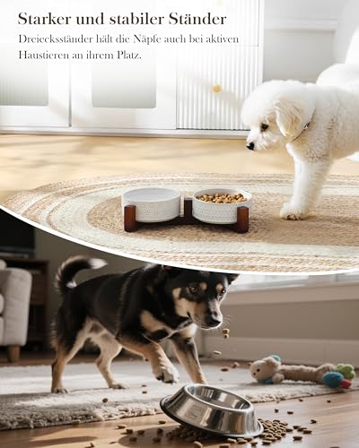 MALACASA Hundenapf Keramik mit Walnussholz-Ständer, 450ml Doppelschalen für Hunde & Katzen, für Futter und Wasser, Rutschfester Stand, Fünfblatt-Klee & Wabenmuster