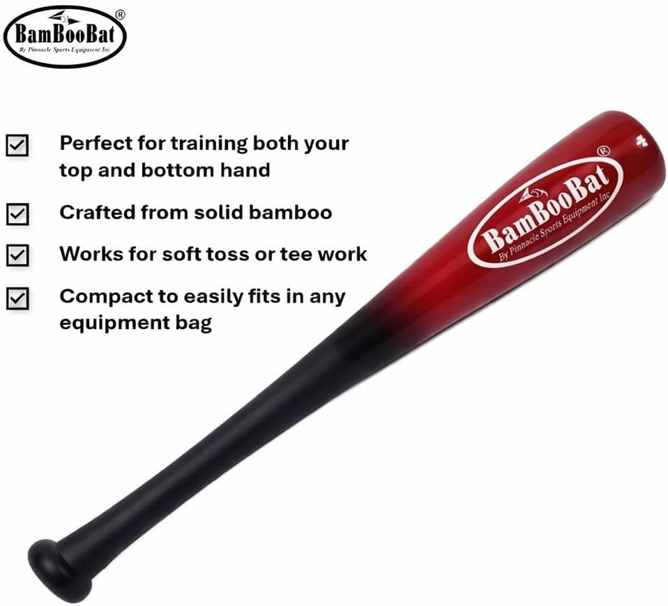 bamboobat by pinnacle sports equipment inc. adult baseball and softball wood one hand training bat- 18 inch or 21 inch 18" navy handle/red barrel
