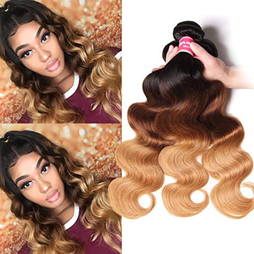 Jolia Hair 8A Brazilian Virgin Hair Weave Body Wave Ombre Blonde Human Hair Bundles 3 Tone #1B/4/27 Brazilian Hair Extensions No Shedding (22 24 33)