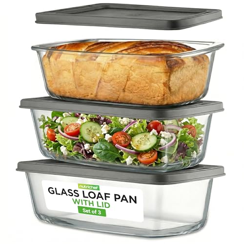 NutriChef 6 Piece Glass Loaf Pans for Baking Bread - 7.6 Cups Stackable Glass Bread Loaf Pan...