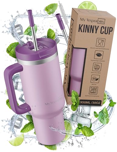 My Vesperbox Kinny Cup – Edelstahl Thermobecher mit Henkel & Strohhalm (500/950 / 1200 ml) – Isolierbecher To Go für Kaffee, Eis & Alltag – BPA-frei, Auslaufsicher, Spülmaschinenfest