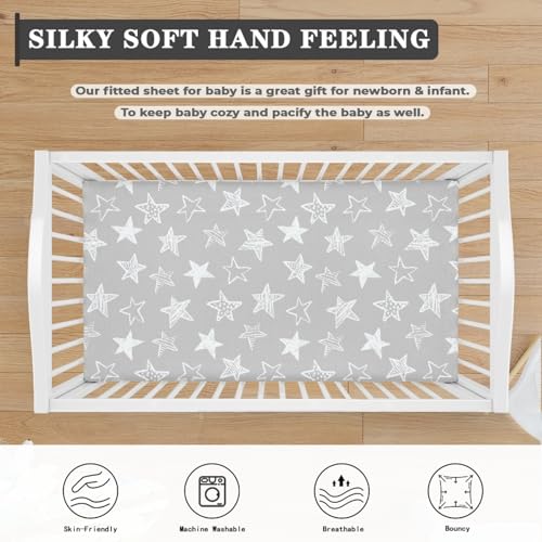Image of Star Baby Crib Sheets for Boys Girls Grey Fitted Crib Sheet for Standard Crib and Toddler Mattress Cute Baby Mattress Sheets Toddler Bed Sheet 52x28x8 in