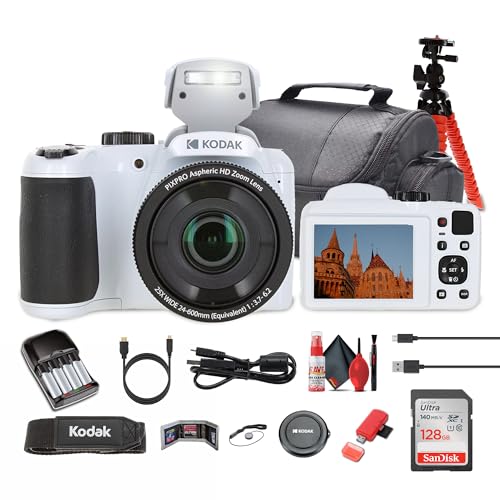 Kodak Pixpro AZ255 Digital Camera in White (AZ255WH) Bundle Including: 128 GB Memory Card Rechargeable Batteries Case Flexible Tripod Neck Strap Lens Caps Full Cleaning Kit More Accessories