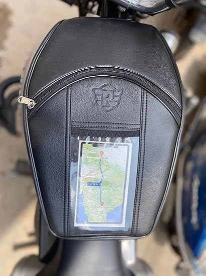Fenke Compatible with New Classic 350 Reborn (Next Gen) Mobile Tank Cover with Transparent Touchscreen Phone Holder, Multiple Utility Pockets, Premium Leatherette Bike Tank Bag, Black-image-1