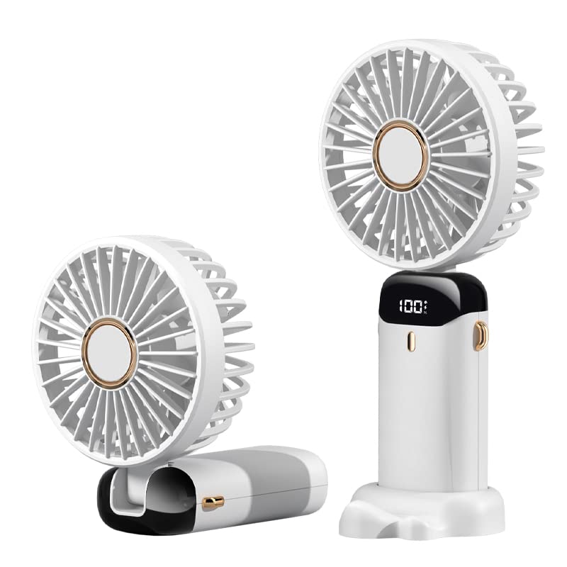 SYLQA 5-Speed Handheld Fan with LED Display - Portable & Rechargeable Mini Fan, Foldable Desk Fan for Home, Office, Trave (White)