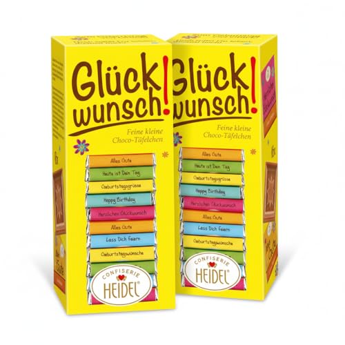Heidel Glückwunsch - 2x 16 köstliche Mini- Schokolade Tafeln (160g) - 37% Edel-Vollmilchschokolade - Einzeln verpackt - Mit Glückwünschen & Glücksbotschaften Perfektes Schoko Mitbringsel zum Teilen
