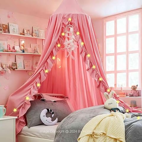 Hommi Lovvi Kids Bed Canopy, Dreamy Frills Canopy for Girls Bedroom Soft Ceiling Hanging Decoration Princess Canopy Net Reading Nook, Extra Large Full Size Bed Canopies with Light - Pink Cover