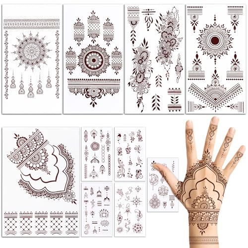BETESSIN 10 Hojas Tatuajes Temporales Henna, Cuerpo Rojo, Mujer Marrón Resistente al Agua, Árabe para Dedos Espalda Brazo, Encaje para Boda Fotos