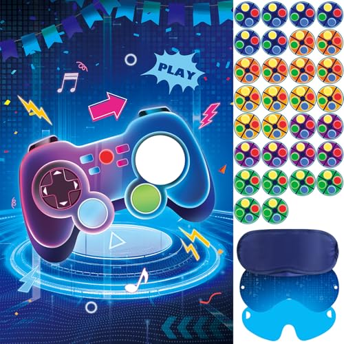 Hooqict Pin The Button on The Video Game Birthday Party Games for Kids - Large Poster with 36 Button Stickers - Party Decorations and Supplies