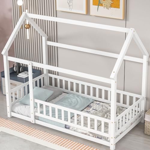 Image of Bellemave Twin Size House Floor Bed Wooden Montessori Bed with Fence and Closable Door for Kids Playhouse Style Bed Frame for Kids Girls Boys Teens, White