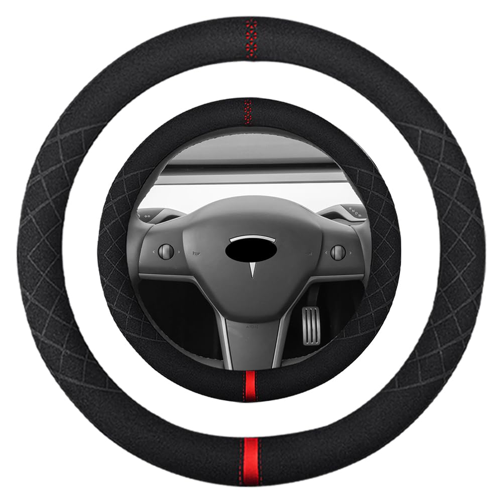 K LAKEY 15 inch Suede Steering Wheel Cover,Compatible with Tesla Model 3 Model Y Model S Model X Alcantara Sport Non-Slip Wheel Cover Car Interior Accessories 15 inch for Man and Women