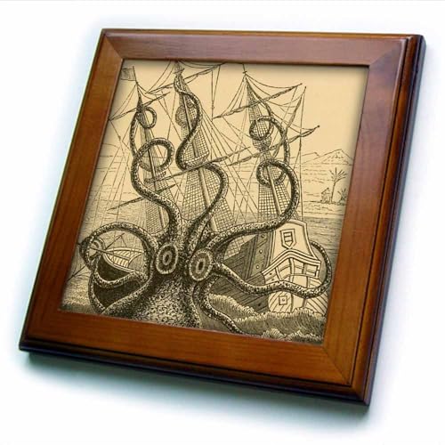 3dRose Gigantic Colossal Octopus sea Monster Kraken. Pierre Denys de Montfort Framed Tile, Multi