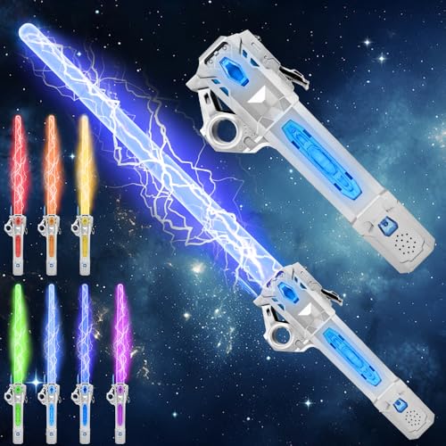 Light Up Sword Flashing Dueling Sabers for Kids with FX Sound Retractable Blade 7 Light Color War Warriors Weapon Toy Cool Halloween Cosplay Costume Party Decoration Christmas Birthday Gift Silver