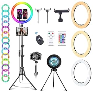 13″ RGB Ring Light with Stand and 2 Phone Holders Tall 76″, Sunset Lamp & 51 Colors Modes Selfie Ringlight with Desk Tripod, Circle Light Kits for TikTok/Live Stream/Makeup/YouTube White Elephant Gift