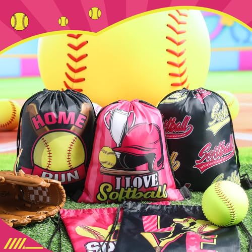 Image of Honoson 16 Pcs Pink Softball Drawstring Backpack Softball Goodie Bags Baseball Gift Bags Drawstring Backpack Baseball Party Favors Snack for Sports Team Birthday Party Supplies