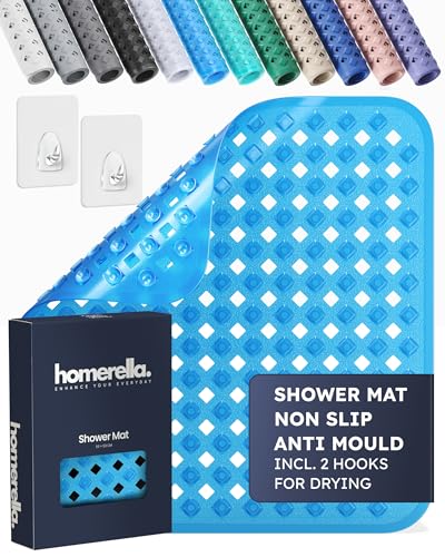 homerella® Shower Mat Non Slip Anti Mould 53 x 53 cm, INCL. Hooks for Drying, Bath Mat Non Slip Anti Mould, Shower Mats for Inside Shower, BPA-Free and Machine Washable for Children and Elderly