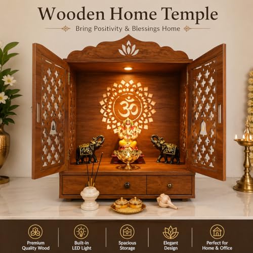 Image of AKSHI Wooden Home Temple with Decorative Lattice Doors, Handcrafted Wooden Pooja Temple | Elegant Home Mandir with Storage Space (H- 21 L- 16, W-13.5 Inch)
