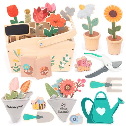 umu® Garten-Set aus Holz für Kinder mit Zubehör - Gartenspielzeug für Kinder, Gartengeräte-Set für Mädchen und Jungen, Gießkanne, Schaufel, Harke - Lernspielzeug ab 2 3 4 5 6 Jahren