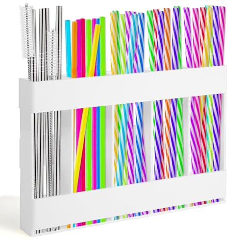 Acryl Strohhalm Halterung mit doppelseitigem Klebeband, wiederverwendbarer Strohhalm HalterWiederverwendbarer für Schranktüren,Arbeitsplatte Küche,Trinkhalm Organizer für Plastik Papierstrohhalme,Weiß