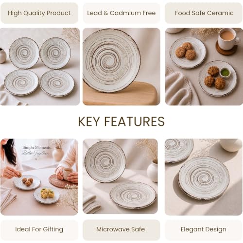 Image of The Earth Store Brown Spiral Ceramic Quarter Plate Set of 4 - 7.5 Inch Ceramic Plate | Microwave & Dishwasher Safe Ceramic Snack Plate | Small Plate for Snacks, Desserts & Appetizers
