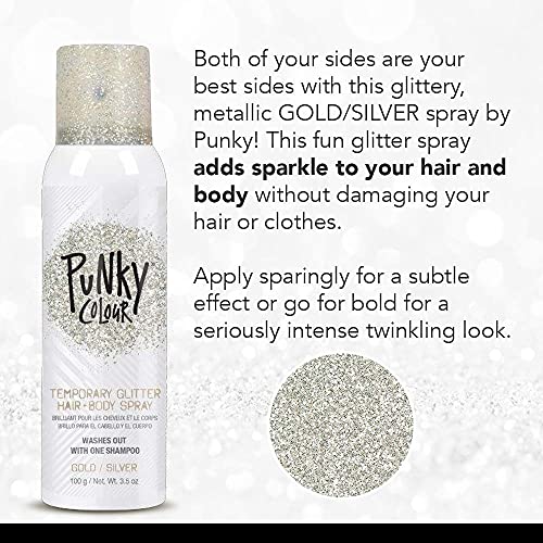 Punky Temporary Hair And Body Glitter Color Spray, Travel Spray, Lightweight, Adds Sparkly Shimmery Glow, Perfect To Use On Hair, Skin, Or Clothing, 3.5 Oz - Gold/Silver #TOP3