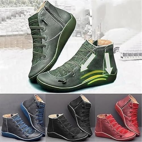 Women's Vintage Casual Short Ankle Boots,Arch Support Fashion No Heel Lace Up Side Zipper Retro Leather Booties,Flat Booties Comfortable Walking Boots4