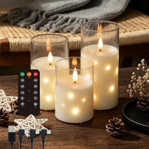 Image of LEDHOLYT Clear Glass Rechargeable LED Flameless Candles, Embedded Star String Flickering Flameless Candles for Romantic Ambiance and Home Decoration with Remote & Timer