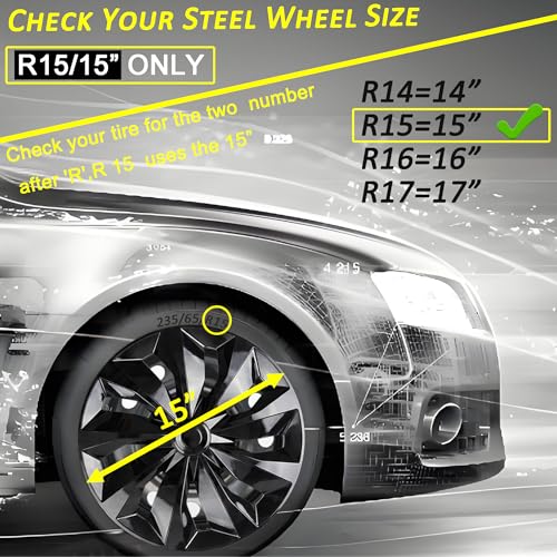 Image of Hubcaps Wheel Covers Replacement R15 Size Hub Caps Universal-Fit Steel Wheel ABS Rims Cover Tire Cap for Car Sedan SUV Truck Van -Set of 4 （15-inch，Black）