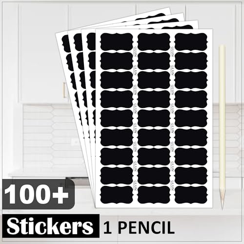 Image of GLUN 100 Piece Reusable Waterproof Black Vinyl Label Stickers with White Marker - Self-Adhesive Chalkboard Labels for Mason Jars, Glass Bottles, Plastic Containers & Spice Storage