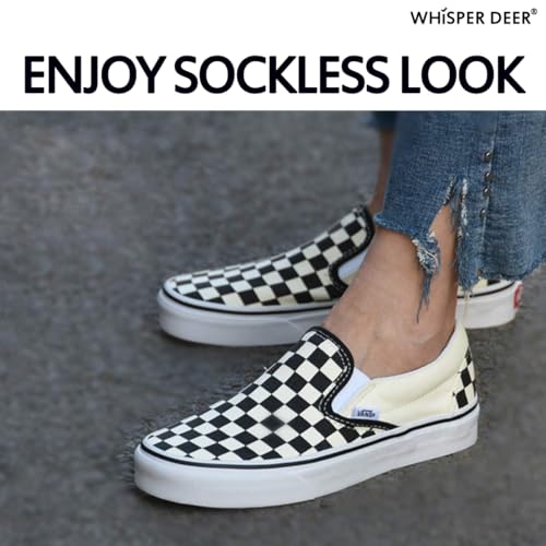 A person wearing black and white checkered slip-on shoes with ripped jeans, showcasing the sockless look enabled by Whisper Deer No Show Liner Socks, with brand name and "ENJOY SOCKLESS LOOK" text overlay.