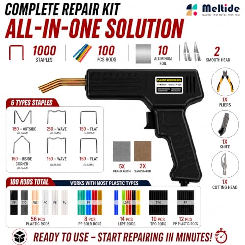 Image of Upgraded 220W Plastic Welder Kit - Black Edition | 2-in-1 Hot Stapler & Plastic Welding Gun for Car Bumper Repair | Fix Cracked Plastic in Seconds | 1000 Staples, 100 Welding Rods | DIY Repair Tool
